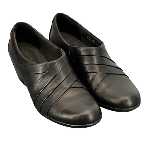 Clarks Collection Black Leather Block Heel Slip On Comfort Clog Loafer Women 7M - Picture 1 of 12